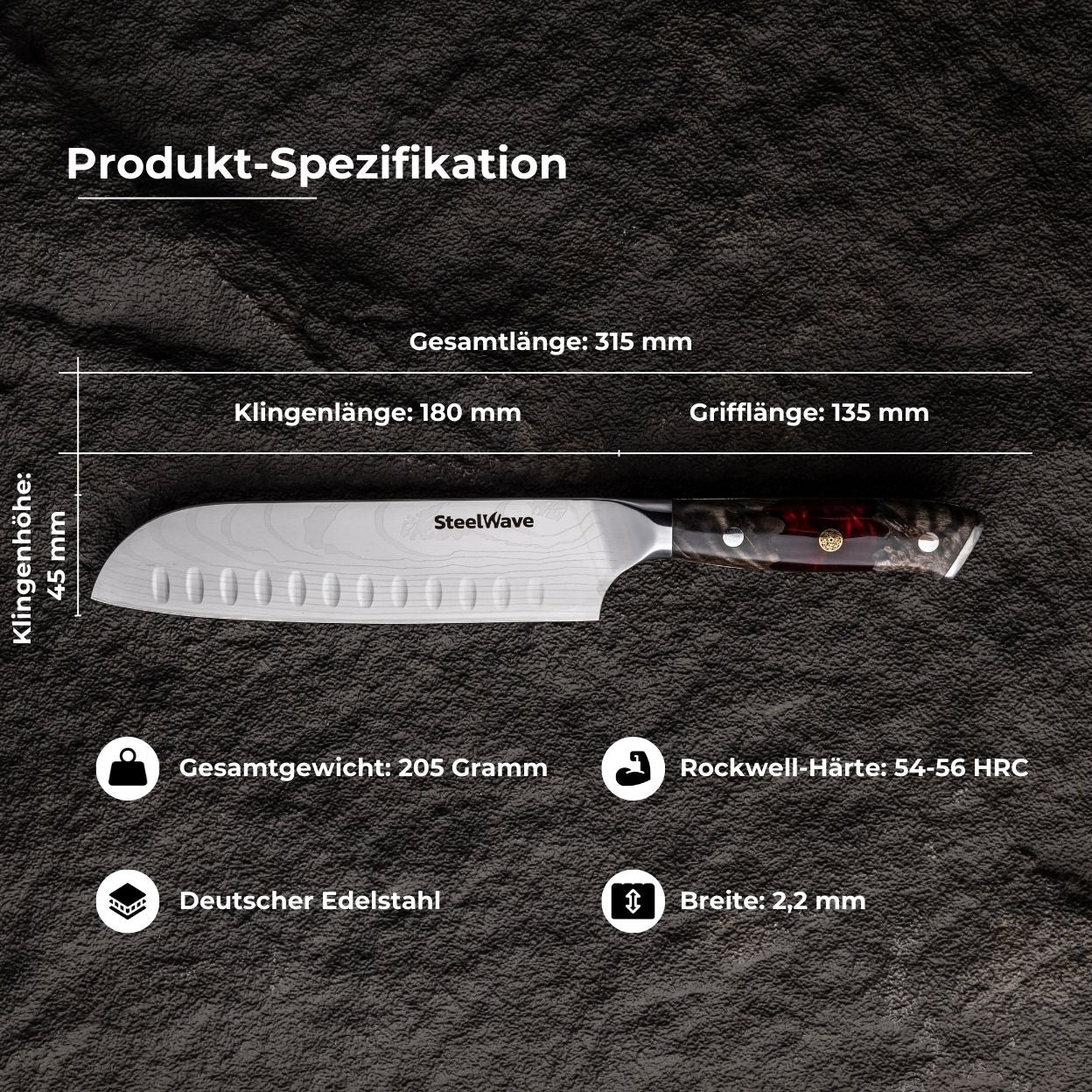 SteelWave - Santoku | Red Ash