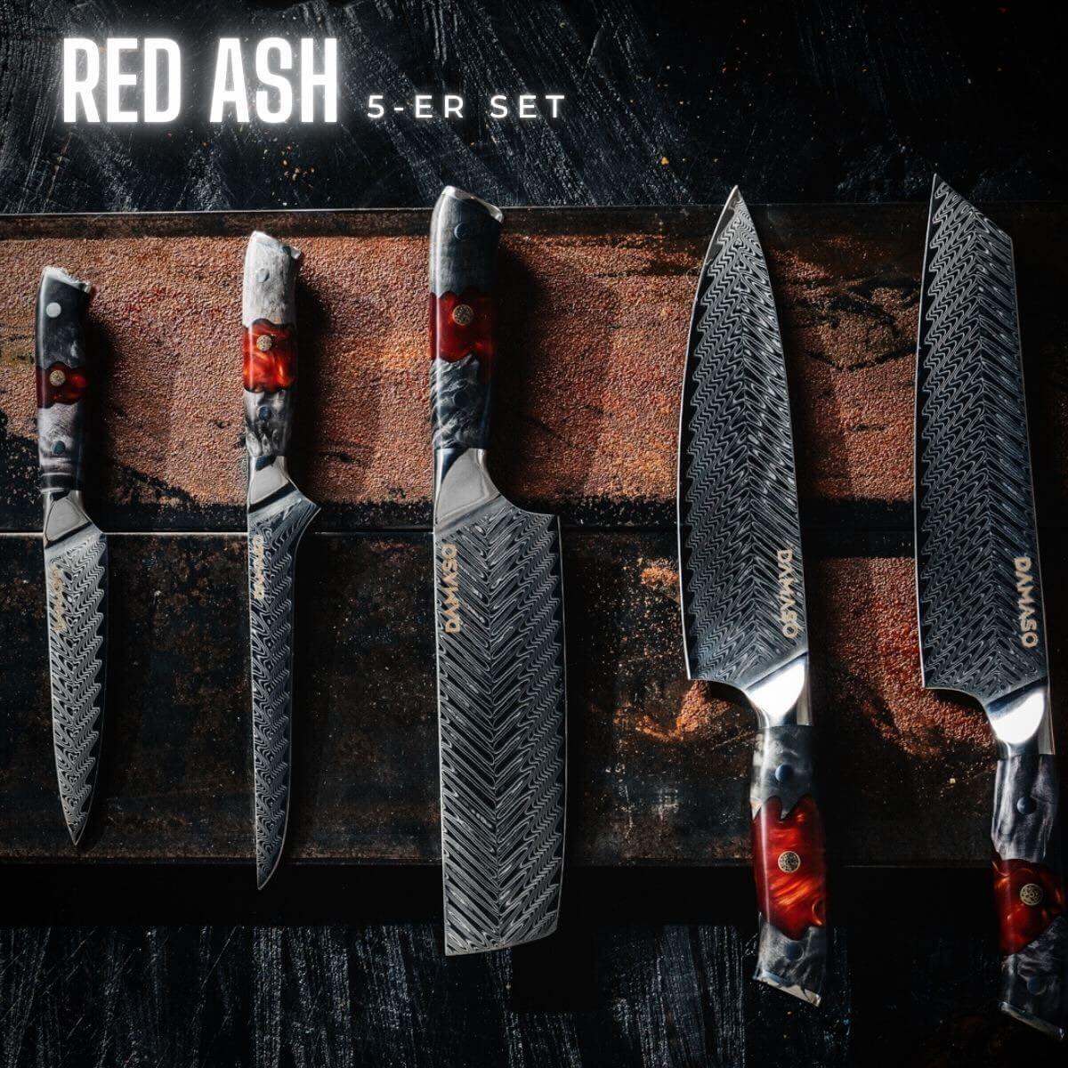 5er-Set - Red Ash Line Damastmesser