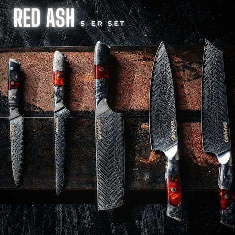 5er-Set - Red Ash Line Damastmesser