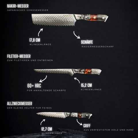 5er-Set - Red Ash Line Damastmesser