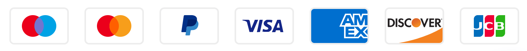 Logos of Mastercard, PayPal, Visa, American Express, Discover, and JCB payment methods.